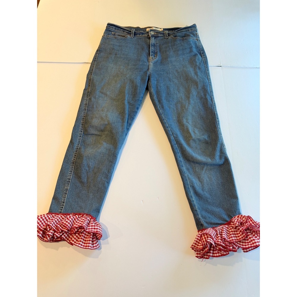 Levi Strauss Signature Mid-Rise Boyfriend Jeans Gingham Ruffle Hem Blue Size 8